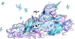 Size: 1024x538 | Tagged: safe, artist:petaltwinkle, imported from derpibooru, izzy moonbow, butterfly, pony, unicorn, blue coat, blue mane, blue tail, blurry, coat markings, colored, colored hooves, colored horn, crying, curly mane, curly tail, duo, duo female, eyelashes, female, frown, g5, hair over eyes, horn, impossibly long mane, impossibly long tail, lidded eyes, long horn, long mane, looking down, lying down, mare, misty brightdawn, no catchlights, pink coat, pink hooves, profile, prone, signature, simple background, smiling, socks (coat markings), tail, two toned mane, two toned tail, unicorn horn, unshorn fetlocks, wavy mane, wavy tail, white background