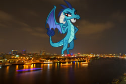 Size: 2048x1365 | Tagged: safe, artist:davidsfire, edit, editor:jaredking779, imported from derpibooru, princess ember, dragon, pony, attack on pony, dragon wings, dragoness, dubai, female, giantess, highrise ponies, irl, looking at you, macro, photo, ponies in real life, red eyes, smiling, solo, story included, united arab emirates, wings