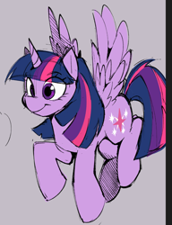 Size: 618x804 | Tagged: safe, artist:inkbloto, imported from derpibooru, twilight sparkle, alicorn, pony, gray background, simple background, smiling, solo, spread wings, twilight sparkle (alicorn), wings