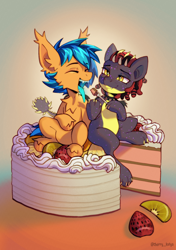 Size: 1748x2480 | Tagged: safe, artist:kotya, imported from derpibooru, oc, oc only, oc:bluemist, oc:zap, bat pony, original species, pony, birthday cake, cake, countershading, food, fork, giant food, gradient background