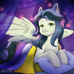 Size: 2000x2000 | Tagged: safe, alternate version, artist:erein, imported from derpibooru, oc, oc only, oc:misty breeze, pegasus, pony, alternate character, bedroom, commission, ears up, flag, garland, high res, indoors, lgbt, looking at you, night, nonbinary, nonbinary pride flag, pegasus oc, pillow, pride, pride flag, pride month, room, smiling, smiling at you, solo, spread wings, string lights, wings, ych result