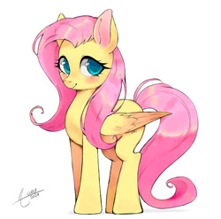 Size: 1521x1500 | Tagged: safe, artist:mrscurlystyles, imported from derpibooru, fluttershy, pegasus, pony, blushing, cute, shyabetes, signature, simple background, smiling, solo, standing, white background