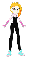 Size: 852x1644 | Tagged: safe, artist:robertsonskywa1, imported from derpibooru, equestria girls, bodysuit, clothes, equestria girls-ified, female, flare (g5), full body, g5, g5 to equestria girls, g5 to g4, generation leap, marvel, my little pony: tell your tale, photo, shoes, simple background, smiling, sneakers, solo, spider-gwen, spider-man, spider-man: across the spider-verse, suit, transparent background