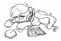 Size: 3386x2312 | Tagged: safe, artist:opalacorn, imported from derpibooru, oc, oc only, earth pony, pony, black and white, cd, cd player, cd wallet, eye clipping through hair, eyes closed, female, glasses, grayscale, headphones, lying down, mare, monochrome, prone, smiling, solo, sploot