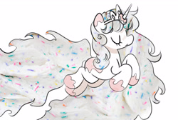 Size: 3386x2271 | Tagged: safe, artist:opalacorn, imported from derpibooru, oc, oc only, pony, unicorn, crown, eyes closed, female, food, frosting, horn, impossibly large mane, impossibly large tail, jewelry, mare, partial color, prancing, regalia, simple background, solo, tail, white background