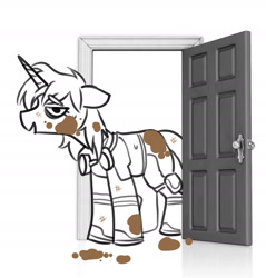 Size: 1751x1828 | Tagged: safe, artist:opalacorn, imported from derpibooru, oc, oc only, oc:golden gear, pony, unicorn, bags under eyes, boots, clothes, dirt, dirty, door, doorway, floppy ears, goggles, goggles around neck, grayscale, horn, lidded eyes, monochrome, partial color, shoes, simple background, solo, white background