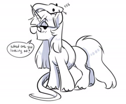 Size: 2198x1809 | Tagged: safe, artist:opalacorn, imported from derpibooru, oc, oc only, oc:mint petal, pony, snake, unicorn, dialogue, female, forked tongue, glasses, grayscale, horn, mare, monochrome, simple background, solo, speech bubble, talking to viewer, unshorn fetlocks, white background