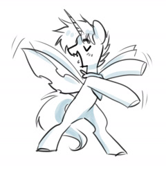 Size: 1895x1971 | Tagged: safe, artist:opalacorn, imported from derpibooru, oc, oc only, bug pony, insect, pony, bandana, bipedal, dancing, eyes closed, grayscale, insect wings, monochrome, open mouth, open smile, simple background, smiling, solo, white background, wings