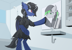 Size: 1700x1200 | Tagged: safe, artist:hovawant, imported from derpibooru, oc, oc only, oc:nighty, oc:zero shadow, bat pony, pegasus, bat pony oc, bat wings, bathroom, beanie, black eyeshadow, black mane, black tail, clothes, collar, commission, ear fluff, ear piercing, earring, eyeshadow, female, fishnet clothing, fishnets, green and black mane, green eyes, hat, helix piercing, hoodie, jewelry, looking at each other, looking at someone, makeup, male, mirror, pegasus oc, piercing, red eyes, sink, skirt, socks, spiked collar, stockings, tail, thigh highs, wings