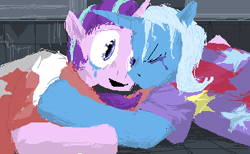 Size: 349x215 | Tagged: safe, artist:y122n20497166, imported from derpibooru, starlight glimmer, trixie, semi-anthro, unicorn, blue coat, clothes, crying, digital art, duo, horn, open mouth, open smile, pink coat, pixel art, saw (movie), shirt, smiling