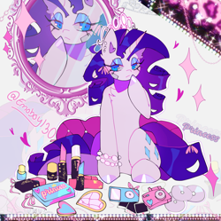 Size: 2048x2038 | Tagged: safe, artist:emoboy130, imported from derpibooru, rarity, pony, unicorn, abstract background, bandaid, blue eyes, blue eyeshadow, bow, bracelet, cd, chest fluff, colored hooves, colored pinnae, ear fluff, ear piercing, earring, eyelashes, eyeshadow, female, floating heart, frown, hair accessory, hair ribbon, heart, high res, horn, ipod, jewelry, lidded eyes, lipstick, lipstick tube, long eyelashes, long horn, long mane, long tail, makeup, mane accessory, mare, mirror, pearl bracelet, piercing, pillow, pink bow, polaroid, purple hooves, purple mane, purple tail, raised hoof, reflection, ribbon, ringlets, shiny hooves, shrunken pupils, signature, sitting, solo, sparkles, tail, tail accessory, tail bow, tall ears, text, tiara, unicorn horn, white coat, zoom layer