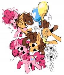 Size: 1448x1678 | Tagged: safe, artist:appledash3r_, imported from derpibooru, cheese sandwich, pinkie pie, earth pony, pony, balloon, blushing, brown mane, brown tail, cheesepie, clothes, colored, colored sketch, colt cheese sandwich, curly mane, curly tail, duality, duo, duo male and female, emanata, eyelashes, female, filly, filly pinkie pie, flat colors, floating, glasses, hug, looking at each other, looking at someone, male, mare, no catchlights, open mouth, open smile, orange coat, pink coat, pink mane, pink tail, raised hoof, round glasses, shipping, shirt, simple background, sketch, smiling, smiling at each other, stallion, straight, t-shirt, tail, tongue out, white background, younger