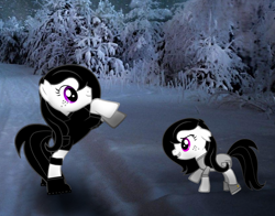 Size: 830x650 | Tagged: safe, imported from derpibooru, oc, oc only, pony, pony creator, black mane, duo, female, filly, foal, goth, grin, mare, real life background, smiling, white coat