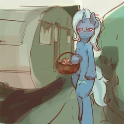 Size: 3000x3000 | Tagged: safe, artist:ruby, imported from derpibooru, trixie, semi-anthro, unicorn, basket, bipedal, caravan, female, high res, holding, horn, human shoulders, humanoid torso, looking at you, mare, mushroom, rv, solo, unamused, unshorn fetlocks