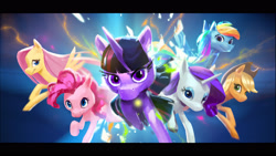 Size: 2985x1679 | Tagged: safe, artist:alvaro ramirez, imported from derpibooru, applejack, fluttershy, pinkie pie, rainbow dash, rarity, twilight sparkle, alicorn, earth pony, pegasus, pony, unicorn, action pose, concept art, female, flying, g5, group, horn, mane six, mare, my little pony: a new generation, running, sextet, twilight sparkle (alicorn)