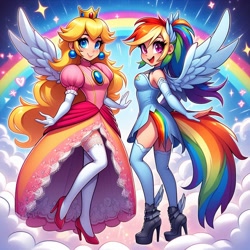 Size: 1024x1024 | Tagged: safe, artist:user15432, imported from derpibooru, rainbow dash, human, ai content, ai generated, blue wings, boots, clothes, cloud, crossover, crown, dress, duo, duo female, ear piercing, earring, female, generator:bing image creator, generator:dall-e 3, high heel boots, high heels, humanized, jewelry, looking at you, multicolored hair, open mouth, open smile, piercing, princess peach, prompter:user15432, rainbow, rainbow hair, rainbow tail, regalia, shoes, smiling, stars, super mario bros., tail, white wings, winged boots, wings