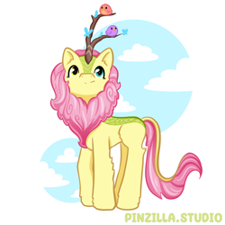 Size: 640x640 | Tagged: safe, artist:pinzillastudio, imported from derpibooru, oc, oc only, bird, butterfly, kirin, pony, cloud, concave belly, female, fusion, fusion:autumn blaze, fusion:autumnshy, fusion:fluttershy, heterochromia, kirin oc, looking up, simple background, sky, smiling, solo, white background