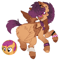Size: 1000x1000 | Tagged: safe, artist:kazmuun, imported from derpibooru, scootaloo, pegasus, pony, alternate eye color, alternate hairstyle, bandage, bandaid, bandaid on nose, beanbrows, blank flank, blush lines, blushing, braid, braided ponytail, butt fluff, butt freckles, chest fluff, coat markings, colored eartips, colored pinnae, countershading, cute, cutealoo, dorsal stripe, ear fluff, ear piercing, ear tufts, earring, eyebrows, fangs, female, filly, foal, freckles, gradient legs, grin, jewelry, leg fluff, leg freckles, magenta eyes, markings, mismatched hooves, piercing, ponytail, redesign, short tail, simple background, slit pupils, smiling, tail, transparent background, wing freckles, wings, wings down, wristband