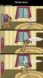 Size: 1920x3516 | Tagged: safe, artist:platinumdrop, imported from derpibooru, derpy hooves, oc, oc:dusty hooves, earth pony, pegasus, pony, 3 panel comic, comic, dialogue, female, filly, foal, happy, hat, hug, male, riding, riding a pony, sitting, smiling, speech bubble, stallion, tired, toy, younger