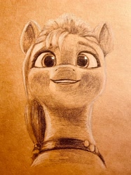 Size: 2507x3343 | Tagged: safe, artist:hoofy_0415, imported from derpibooru, sunny starscout, earth pony, pony, g5, monochrome, sketch, smiling, teeth, traditional art