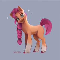 Size: 2244x2221 | Tagged: safe, artist:luxcip, imported from derpibooru, sunny starscout, earth pony, pony, cute, female, g5, high res, looking at you, mare, simple background, smiling, solo, sparkles, sunnybetes