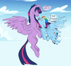 Size: 4096x3826 | Tagged: safe, artist:chub-wub, imported from derpibooru, rainbow dash, twilight sparkle, alicorn, pegasus, pony, :p, female, flapping, flying, lesbian, looking at each other, looking at someone, missing cutie mark, older, older rainbow dash, older twilight, older twilight sparkle (alicorn), shipping, size difference, tongue out, twidash, twilight sparkle (alicorn)