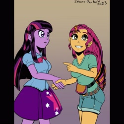 Size: 3300x3300 | Tagged: safe, artist:princrim, imported from derpibooru, sunny starscout, twilight sparkle, human, equestria girls, commission, duo, duo female, equestria girls-ified, female, g5, g5 to equestria girls, g5 to g4, generation leap, gradient background, grin, mulan, pointing, smiling, sunny and her heroine