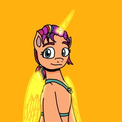 Size: 3000x3000 | Tagged: safe, artist:artist_179, imported from derpibooru, sunny starscout, alicorn, pony, artificial horn, artificial wings, augmented, female, g5, horn, human shoulders, magic, magic horn, magic wings, mare, orange background, race swap, simple background, solo, sunny's bag, sunnycorn, wings