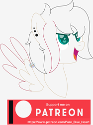 Size: 1395x1868 | Tagged: safe, artist:pure-blue-heart, imported from derpibooru, oc, oc only, pegasus, bust, ear piercing, earring, jewelry, lineart, open mouth, patreon, patreon logo, patreon reward, piercing, portrait, simple background, spread wings, white background, wings