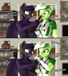 Size: 3555x4000 | Tagged: safe, alternate version, artist:zgsfm, imported from derpibooru, oc, oc only, oc:baetica castanets, oc:grape wine, anthro, bat, bat pony, plantigrade anthro, unicorn, 2 panel comic, 3d, alcohol, andalusia, boop, bottle, breasts, cleavage, coat markings, comic, drunk, duo, duo female, english, female, horn, living room, real betis, spain, television, wine, wine bottle
