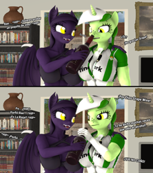 Size: 3555x4000 | Tagged: safe, alternate version, artist:zgsfm, imported from derpibooru, oc, oc only, oc:baetica castanets, oc:grape wine, anthro, bat, bat pony, plantigrade anthro, unicorn, 2 panel comic, 3d, alcohol, andalusia, bottle, breasts, cleavage, coat markings, comic, drunk, duo, duo female, female, horn, living room, real betis, spain, spanish, television, wine, wine bottle