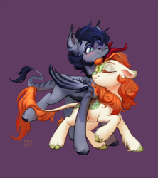 Size: 1019x1146 | Tagged: safe, artist:lynxwolf, imported from derpibooru, autumn blaze, oc, bat pony, kirin, pegasus, pony, female, gift art, male, mare, purple background, shipping, simple background, stallion