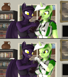 Size: 3840x4320 | Tagged: safe, artist:zgsfm, imported from derpibooru, oc, oc only, oc:baetica castanets, oc:grape wine, anthro, bat, bat pony, plantigrade anthro, unicorn, 2 panel comic, 3d, alcohol, andalusia, boop, bottle, breasts, cleavage, coat markings, comic, duo, duo female, female, horn, living room, real betis, spain, television, textless, wine, wine bottle