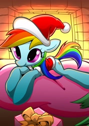 Size: 2894x4093 | Tagged: safe, artist:rainbowdashsuki, imported from derpibooru, rainbow dash, pegasus, christmas, fireplace, hat, holiday, present, santa hat, solo