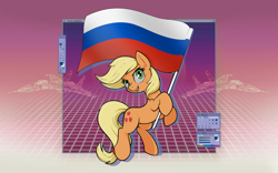 Size: 2560x1600 | Tagged: safe, artist:darkdoomer, imported from derpibooru, applejack, earth pony, pony, flag, mouthpiece, pride, russia, solo, vaporwave