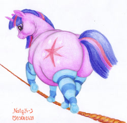 Size: 1200x1165 | Tagged: safe, artist:soobel, imported from derpibooru, twilight sparkle, pony, unicorn, atg 2024, butt, clothes, fat, female, horn, mare, newbie artist training grounds, obese, plot, socks, solo, striped socks, the ass was fat, traditional art, twilard sparkle, unicorn twilight