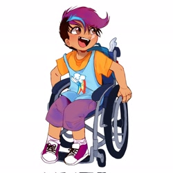 Size: 2048x2048 | Tagged: safe, artist:devideetz, imported from derpibooru, scootaloo, human, backpack, clothes, converse, cute, cutealoo, cutie mark, cutie mark on clothes, disabled, handicapped, humanized, looking up, pigeon toed, shirt, shoes, shorts, simple background, sitting, smiling, sneakers, socks, t-shirt, tanktop, wheelchair, white background