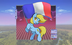 Size: 2560x1600 | Tagged: safe, artist:darkdoomer, imported from derpibooru, oc, oc:madame banane, earth pony, pony, commission, flag, france, pride, solo, vaporwave, ych result