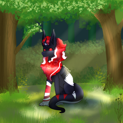 Size: 3000x3000 | Tagged: safe, artist:aasuri-art, imported from derpibooru, oc, oc only, hybrid, original species, pony, animal, forest, forest background, fusion, glowing, glowing eyes, glowing mane, nature, solo, summer, sun, tree