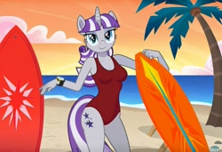Size: 1216x832 | Tagged: safe, imported from twibooru, twilight velvet, anthro, unicorn, ai content, ai generated, baywatch, beach, breasts, busty twilight velvet, clothes, flirting, generator:stable diffusion, needs more jpeg, one-piece swimsuit, palm tree, seductive pose, sexy, smiling, solo, standing, sunbathing, surfboard, swimsuit, tree