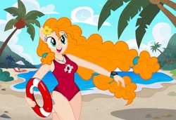 Size: 1216x832 | Tagged: safe, imported from twibooru, pear butter, anthro, earth pony, ai content, ai generated, baywatch, beach, breasts, buoy, busty pear butter, chair, clothes, flirting, generator:stable diffusion, grin, lawn chair, needs more jpeg, one-piece swimsuit, palm tree, running, seductive look, sexy, smiling, solo, sunbathing, swimsuit, tree
