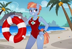 Size: 1216x832 | Tagged: safe, imported from twibooru, windy whistles, anthro, pegasus, ai content, ai generated, baywatch, beach, breasts, buoy, busty windy whistles, clothes, flirting, generator:stable diffusion, hand on hip, needs more jpeg, one-piece swimsuit, palm tree, rock cliff, seductive pose, sexy, smiling, solo, standing, swimsuit, tree