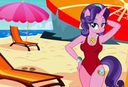 Size: 1216x832 | Tagged: safe, imported from twibooru, cookie crumbles, anthro, unicorn, ai content, ai generated, arm behind head, baywatch, beach, breasts, busty cookie crumbles, chair, clothes, flirting, generator:stable diffusion, hand on hip, lawn chair, needs more jpeg, one-piece swimsuit, seductive pose, sexy, smiling, solo, standing, sunbathing, swimsuit, umbrella