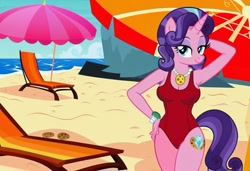 Size: 1216x832 | Tagged: safe, imported from twibooru, cookie crumbles, anthro, unicorn, ai content, ai generated, arm behind head, baywatch, beach, breasts, busty cookie crumbles, chair, clothes, flirting, generator:stable diffusion, hand on hip, lawn chair, legs together, needs more jpeg, one-piece swimsuit, seductive pose, sexy, smiling, solo, standing, sunbathing, swimsuit, umbrella