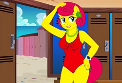 Size: 1216x832 | Tagged: safe, imported from twibooru, posey shy, anthro, pegasus, ai content, ai generated, baywatch, beach, breasts, busty posey shy, changing room, clothes, flirting, generator:stable diffusion, glasses off, hand on head, hand on hip, lockers, needs more jpeg, one-piece swimsuit, seductive pose, sexy, smiling, solo, standing, swimsuit