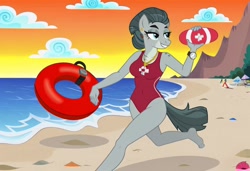 Size: 1216x832 | Tagged: safe, imported from twibooru, cloudy quartz, anthro, earth pony, ai content, ai generated, baywatch, beach, breasts, buoy, busty cloudy quartz, clothes, flirting, generator:stable diffusion, glasses off, needs more jpeg, one-piece swimsuit, running, seductive look, sexy, smiling, solo, sunbathing, sunset, swimsuit