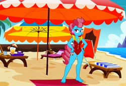 Size: 1216x832 | Tagged: safe, imported from twibooru, cup cake, anthro, earth pony, ai content, ai generated, baywatch, beach, beach towel, breasts, busty cup cake, chair, clothes, flirting, generator:stable diffusion, hand on hip, lawn chair, needs more jpeg, one-piece swimsuit, seductive pose, sexy, smiling, solo, standing, sunbathing, swimsuit, tropical drink, umbrella