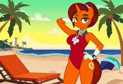 Size: 1216x832 | Tagged: safe, imported from twibooru, stellar flare, anthro, unicorn, ai content, ai generated, arm behind head, baywatch, beach, breasts, busty stellar flare, chair, clothes, flirting, generator:stable diffusion, hand on hip, lawn chair, needs more jpeg, one-piece swimsuit, palm tree, seductive pose, sexy, smiling, solo, standing, swimsuit, tree, watch tower