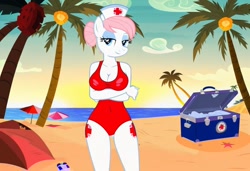 Size: 1216x832 | Tagged: safe, imported from twibooru, nurse redheart, anthro, earth pony, ai content, ai generated, baywatch, beach, breasts, busty nurse redheart, clothes, crossed arms, first aid kit, flirting, generator:stable diffusion, needs more jpeg, one-piece swimsuit, palm tree, seductive pose, sexy, smiling, solo, standing, sunbathing, swimsuit, tree, umbrella