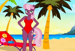 Size: 1216x832 | Tagged: safe, imported from twibooru, cheerilee, anthro, earth pony, ai content, ai generated, baywatch, beach, breasts, busty cheerilee, chair, clothes, flirting, generator:stable diffusion, hand on hip, lawn chair, needs more jpeg, one-piece swimsuit, palm tree, red swimsuit, seductive pose, sexy, smiling, solo, standing, sunbathing, swimsuit, tree